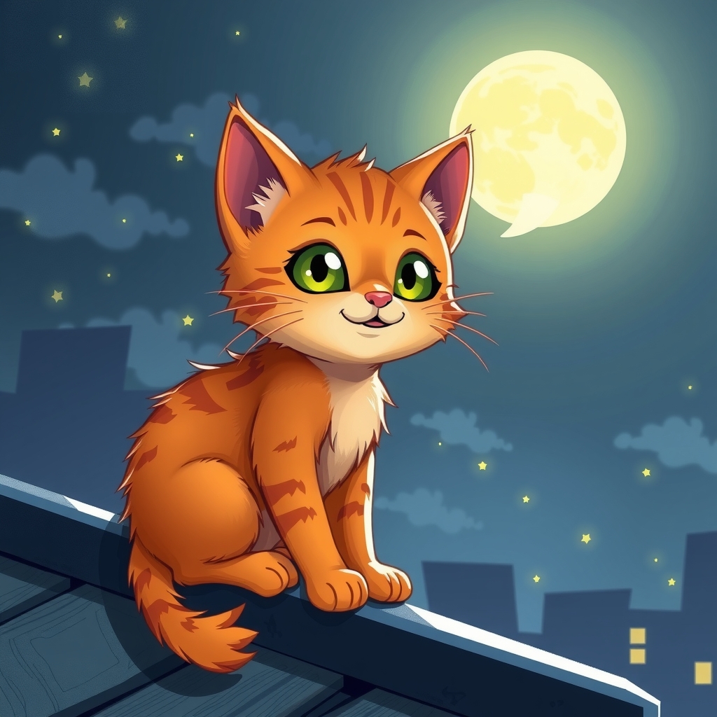 an illustration of an orange kitten talking to the moon by मुफ्त एआई छवि जनरेटर - बिना लॉगिन के✨ | AIGAZOU