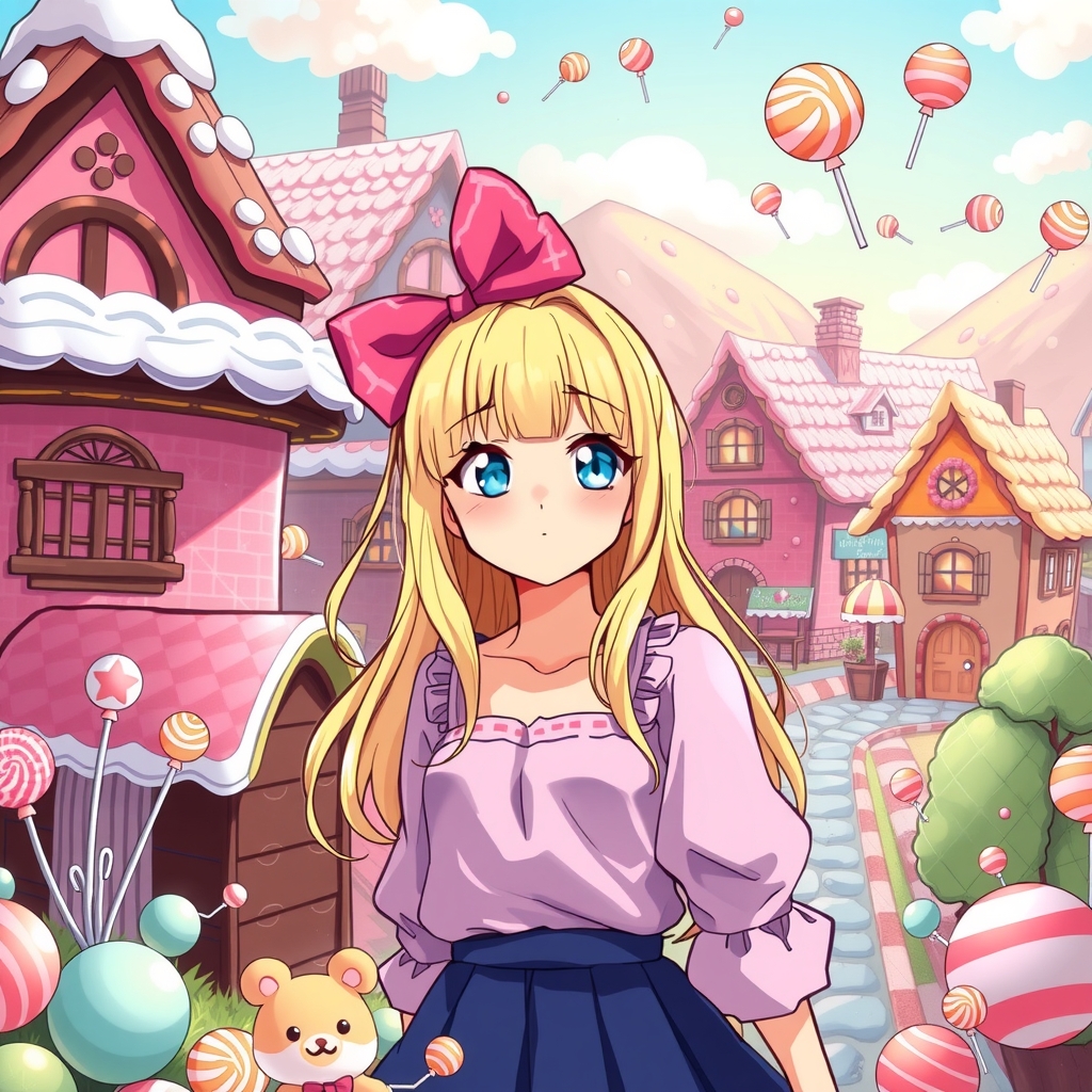 blonde girl in candy world with colorful houses by मुफ्त एआई छवि जनरेटर - बिना लॉगिन के✨ | AIGAZOU