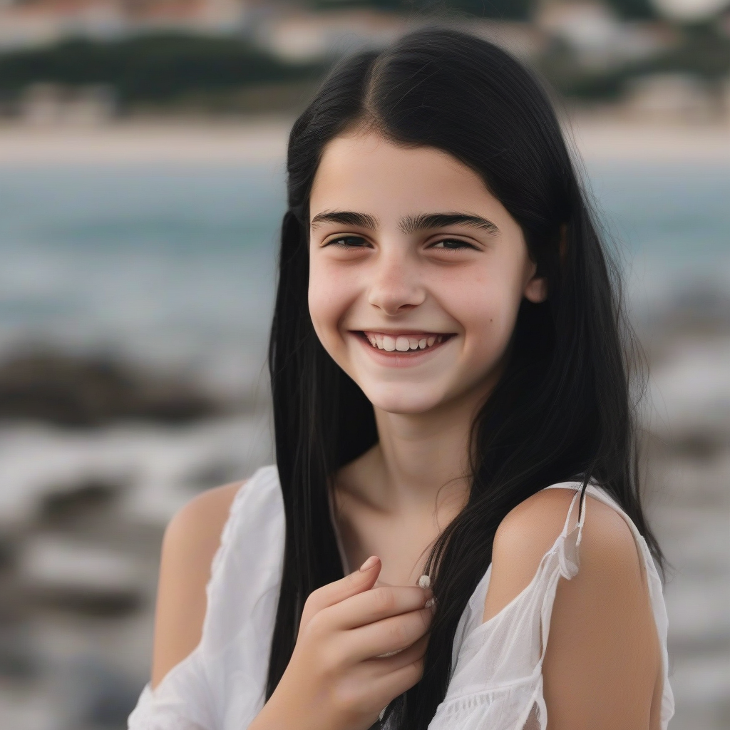 14 year old girl black hair smiling at sea by Générateur d'images par IA gratuit - Aucune connexion nécessaire✨ | AIGAZOU