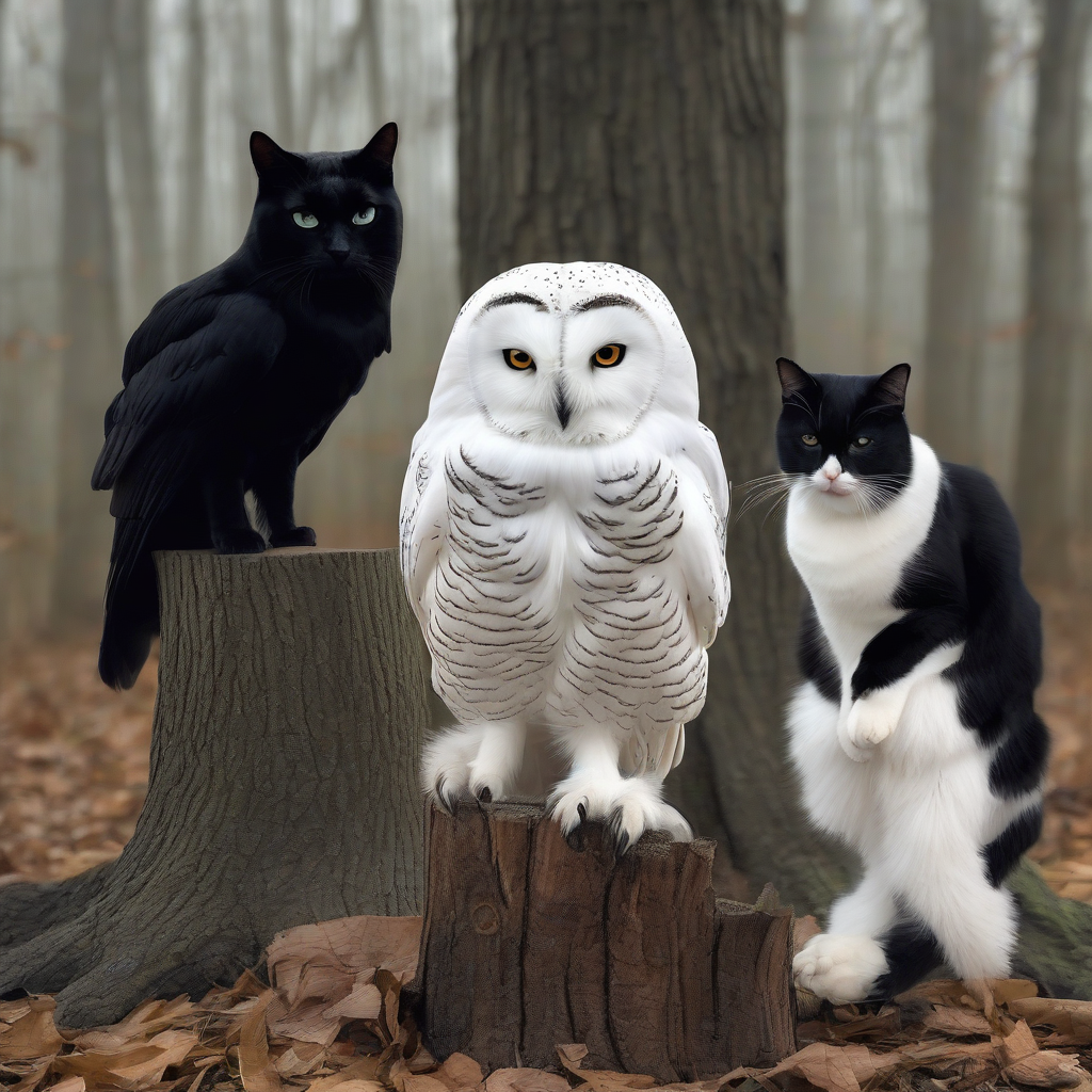 white owl sits on a log next to a black cat by मुफ्त एआई छवि जनरेटर - बिना लॉगिन के✨ | AIGAZOU