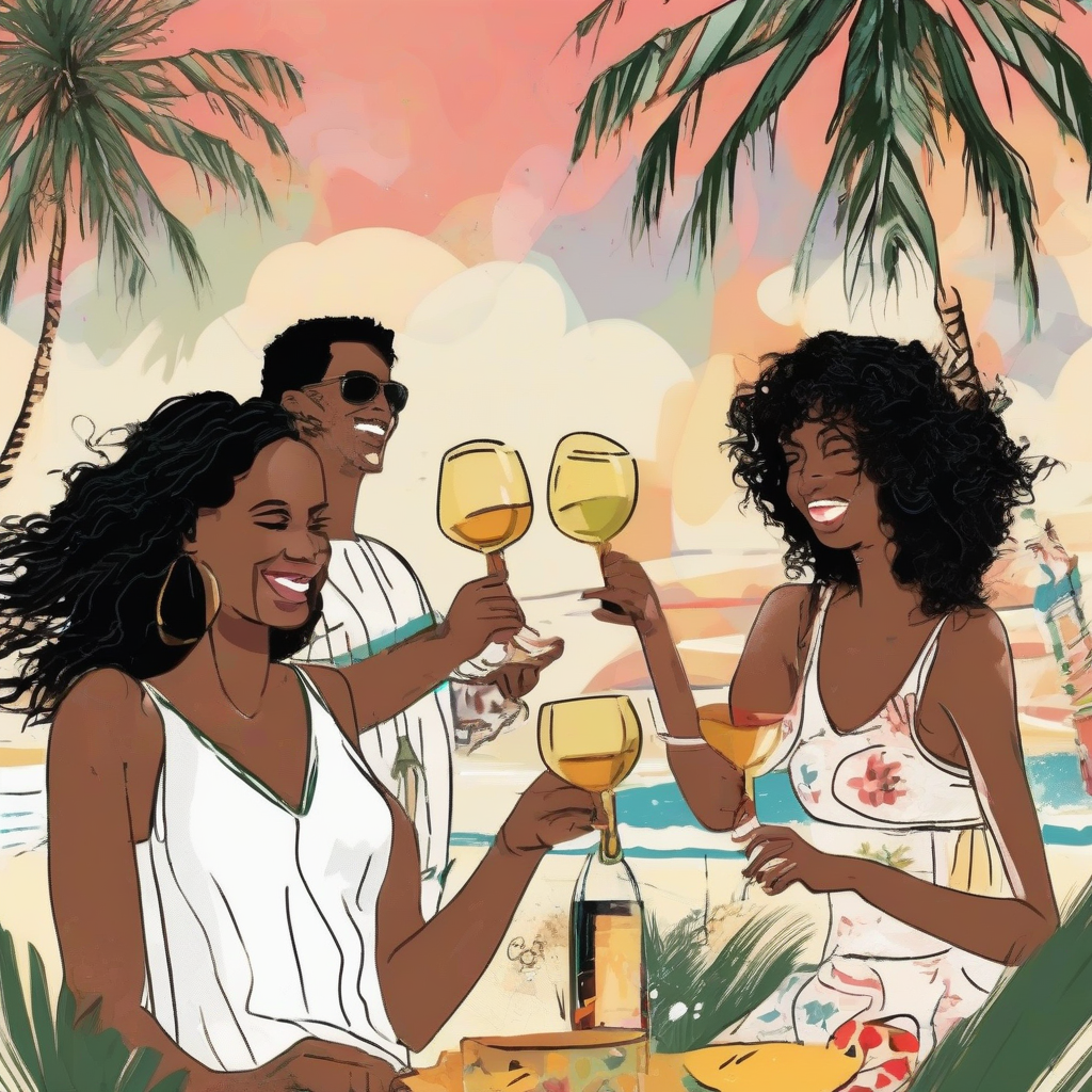 palm tree beach wine party three people black hair enjoying artistic illustration by मुफ्त एआई छवि जनरेटर - बिना लॉगिन के✨ | AIGAZOU