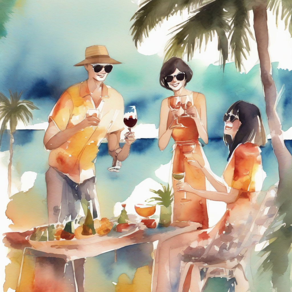 palm tree beach party three people having fun japanese illustration watercolor simplified faces holding wine glasses by मुफ्त एआई छवि जनरेटर - बिना लॉगिन के✨ | AIGAZOU