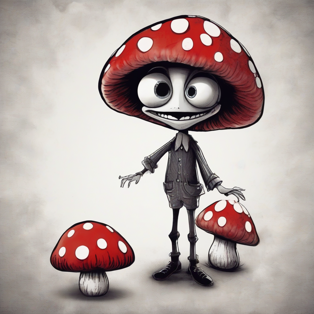 tim burton style character with big smiling red mushroom eyes by मुफ्त एआई छवि जनरेटर - बिना लॉगिन के✨ | AIGAZOU