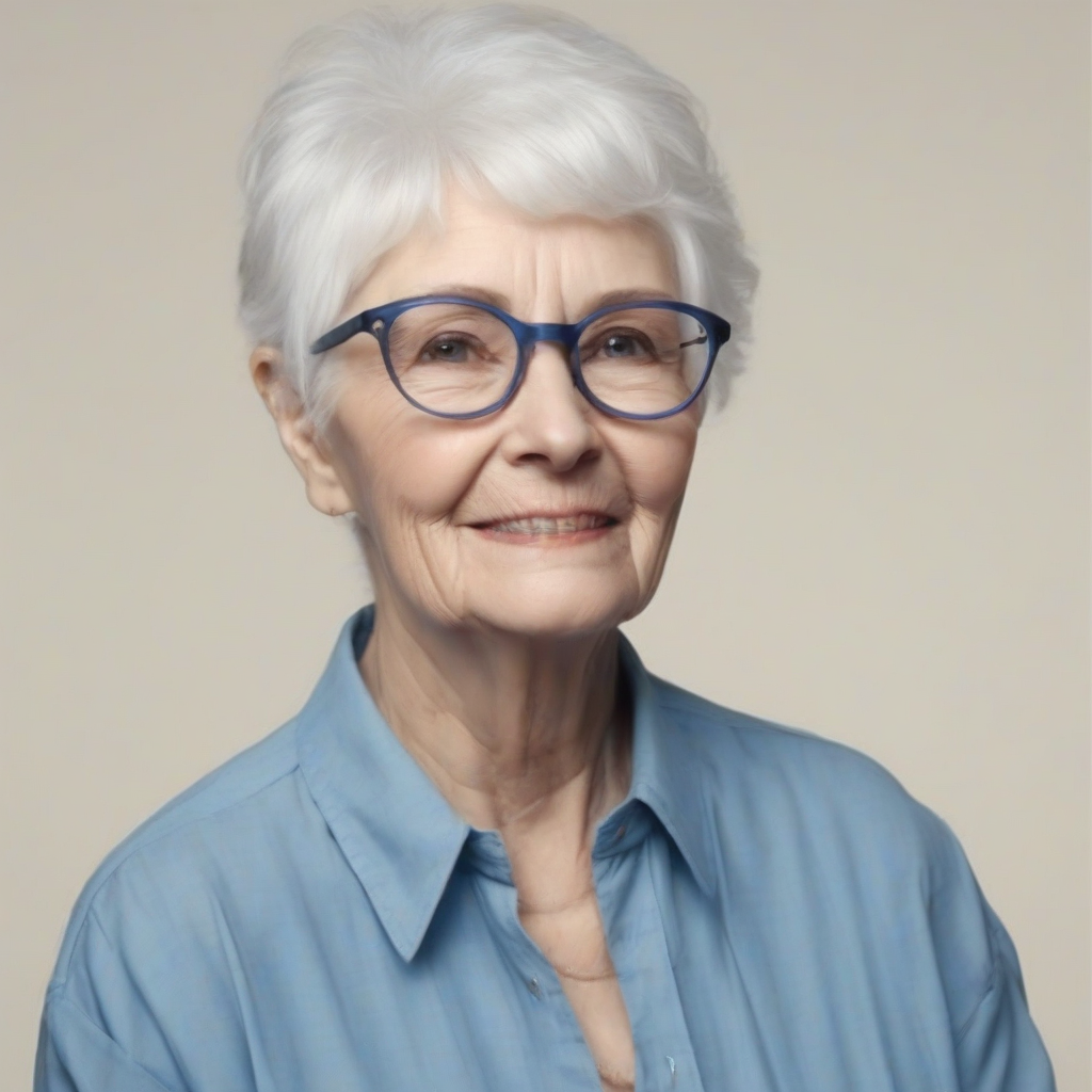 an elderly lady with short white hair wearing blue shirt and glasses by मुफ्त एआई छवि जनरेटर - बिना लॉगिन के✨ | AIGAZOU