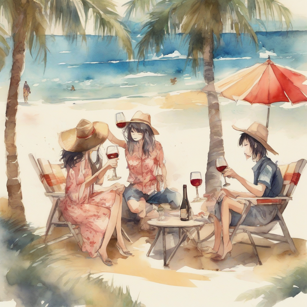 palm tree beach party three people having fun japanese illustration watercolor simplified drawing holding wine by मुफ्त एआई छवि जनरेटर - बिना लॉगिन के✨ | AIGAZOU