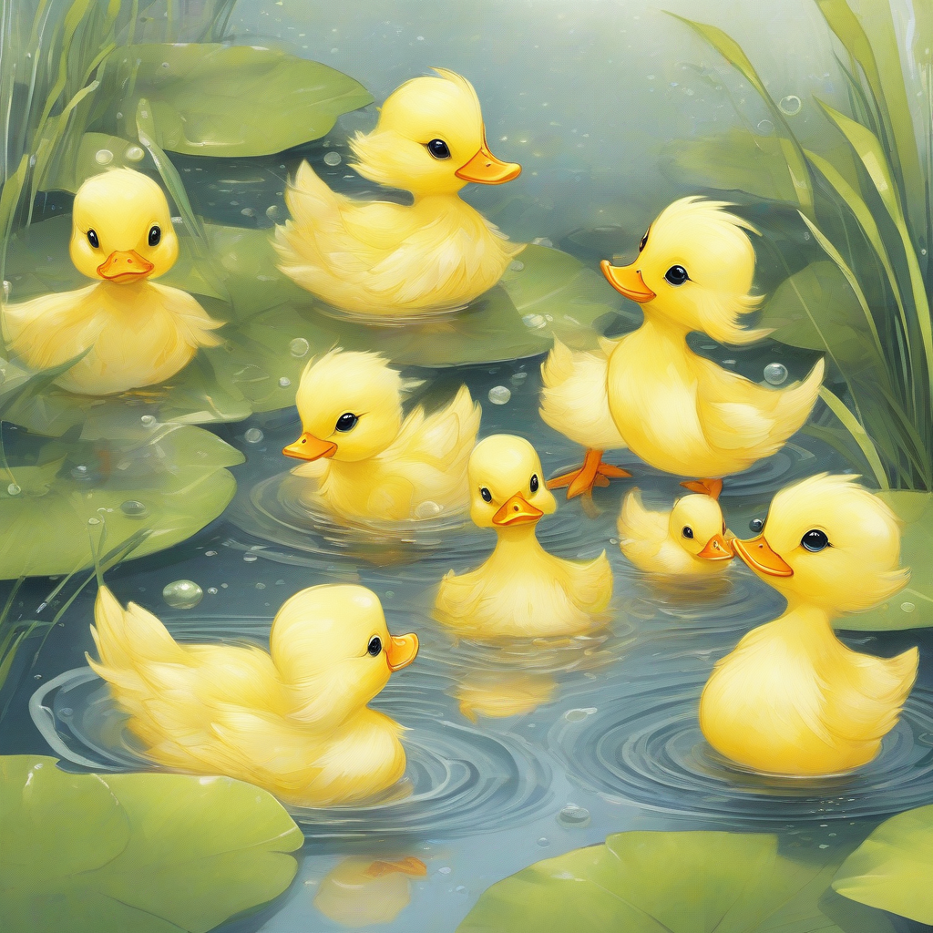 a group of yellow ducks foraging happily by the pond by मुफ्त एआई छवि जनरेटर - बिना लॉगिन के✨ | AIGAZOU