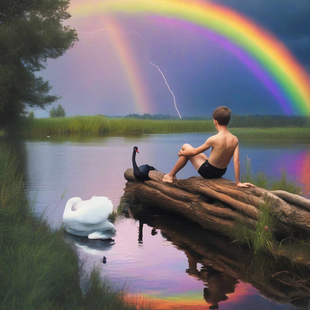 teenager in speedos on log at small lake shore with black swan during storm and rainbow by मुफ्त एआई छवि जनरेटर - बिना लॉगिन के✨ | AIGAZOU