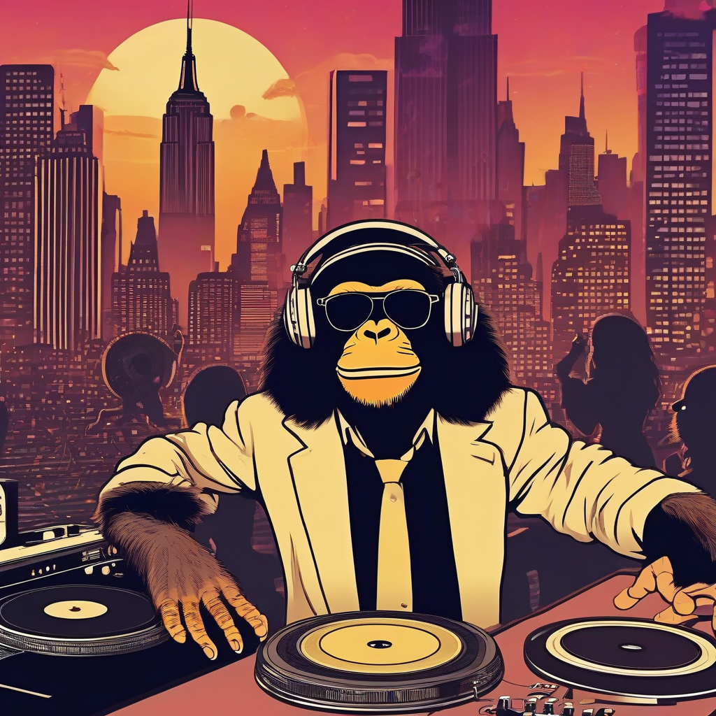 70s disco dj with schimpansenkopf with sunglasses with turntables in front of dancefloor with dancing people with the skyline of by Générateur d'images par IA gratuit - Aucune connexion nécessaire✨ | AIGAZOU