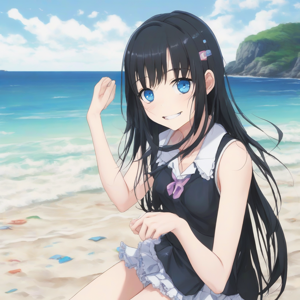 amami ohshima beach long black hair odd eye blue right slender body smiling expression frilled bikini middle school girl by मुफ्त एआई छवि जनरेटर - बिना लॉगिन के✨ | AIGAZOU