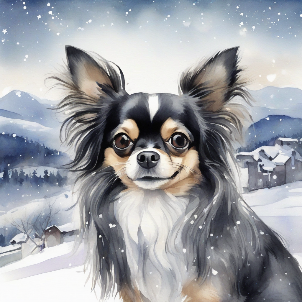 aquarelle illustration bonne annee with character and long haired black and white chihuahua in snowy landscape by मुफ्त एआई छवि जनरेटर - बिना लॉगिन के✨ | AIGAZOU