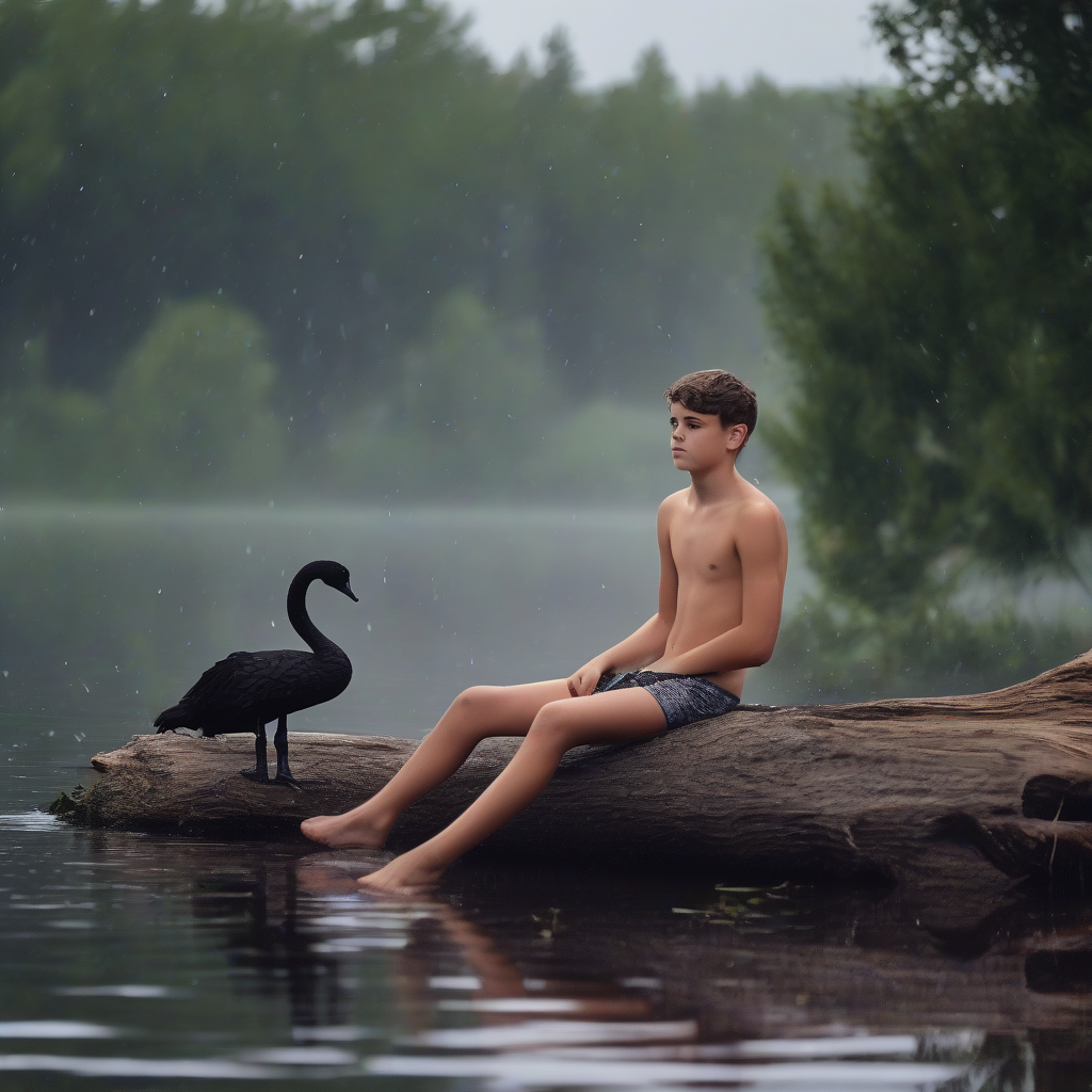 teenager in speedos sitting on log at lake by मुफ्त एआई छवि जनरेटर - बिना लॉगिन के✨ | AIGAZOU