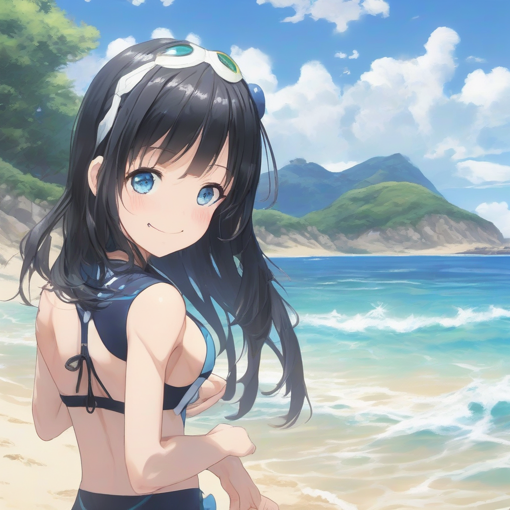 amami ohshima beach long black hair odd eye right blue slender body smiling expression frilly one piece swimsuit middle school by मुफ्त एआई छवि जनरेटर - बिना लॉगिन के✨ | AIGAZOU