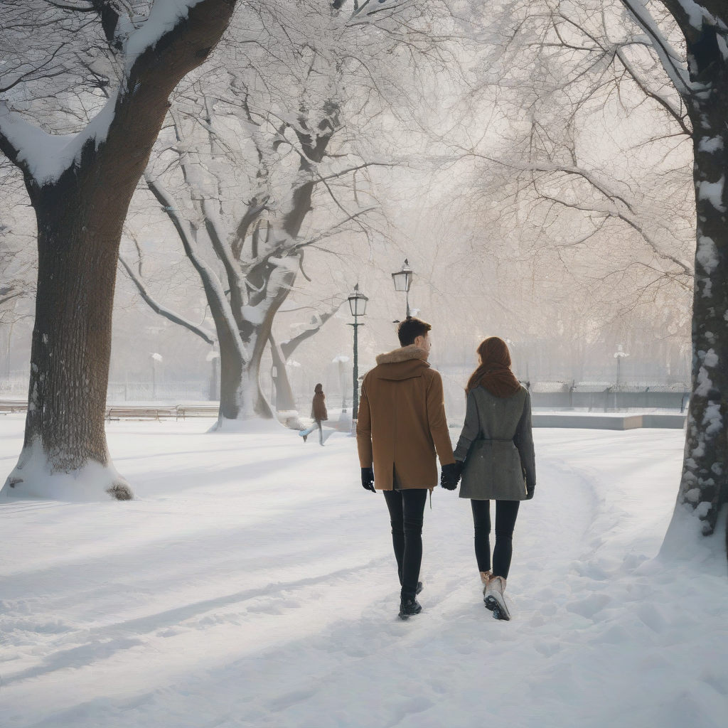 a young man and a young woman walking in a snowy park by मुफ्त एआई छवि जनरेटर - बिना लॉगिन के✨ | AIGAZOU