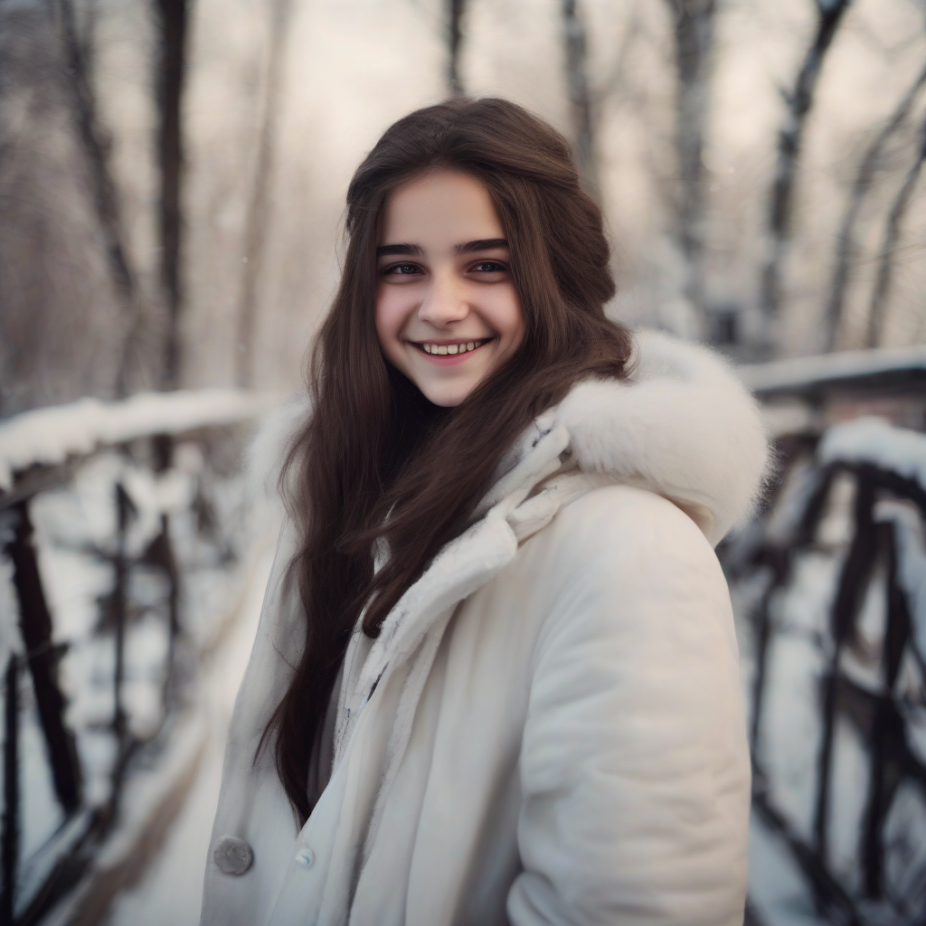 16 year old russian girl smiling dark brown hair winter reminiscent of emma watson by मुफ्त एआई छवि जनरेटर - बिना लॉगिन के✨ | AIGAZOU