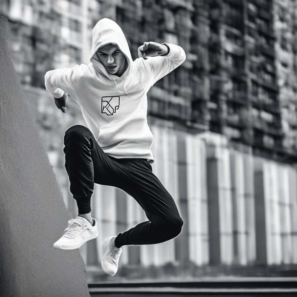 a runner in white shoes and hoodie jumping in urban area by Générateur d'images par IA gratuit - Aucune connexion nécessaire✨ | AIGAZOU