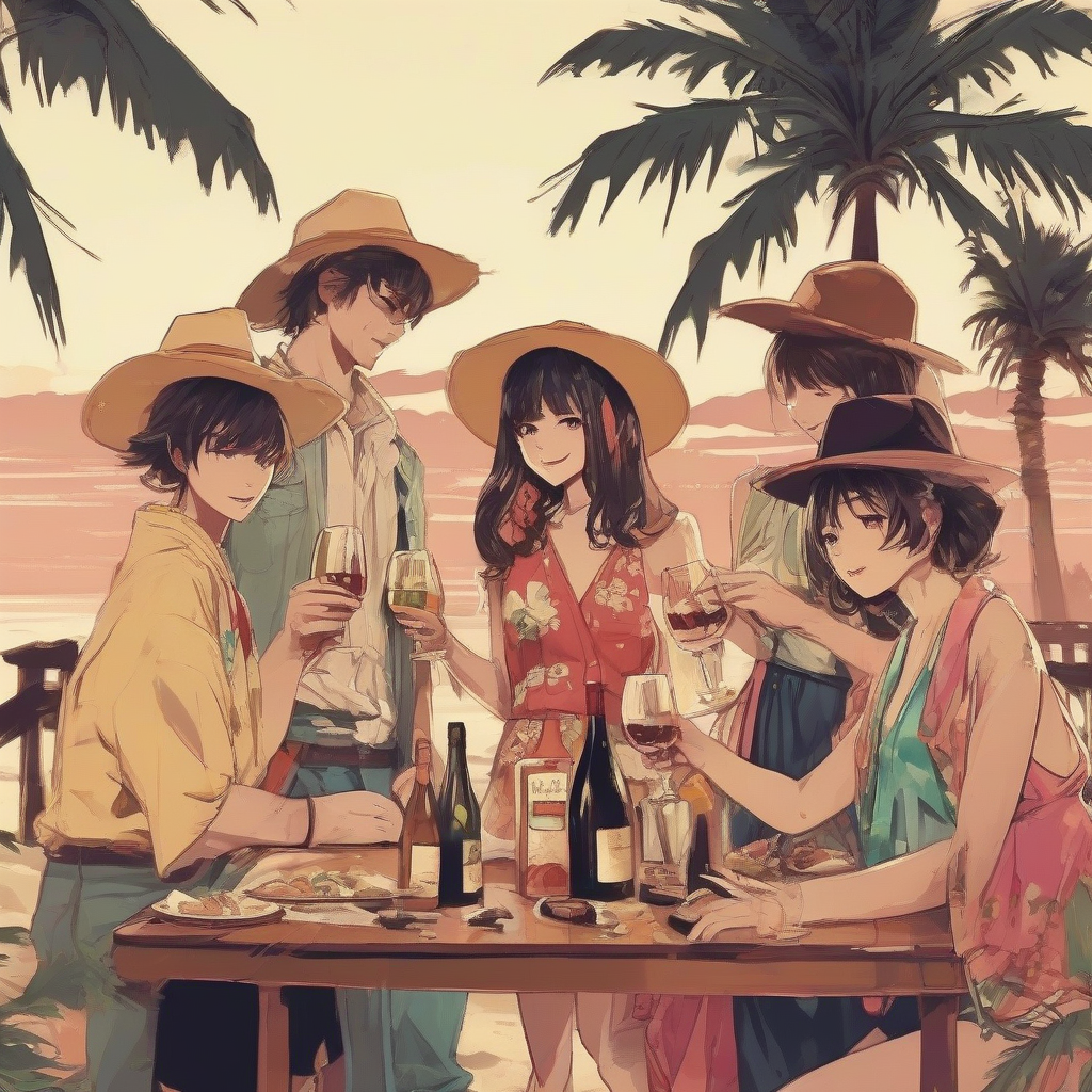 palm tree beach wine party five people having fun japanese artistic style clothes by मुफ्त एआई छवि जनरेटर - बिना लॉगिन के✨ | AIGAZOU