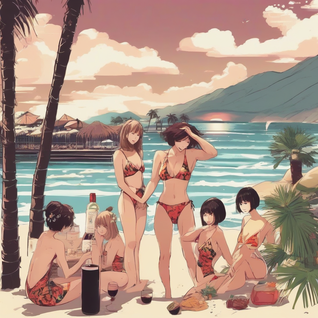 palm trees beach wine party three people having fun swimwear japanese by Générateur d'images par IA gratuit - Aucune connexion nécessaire✨ | AIGAZOU