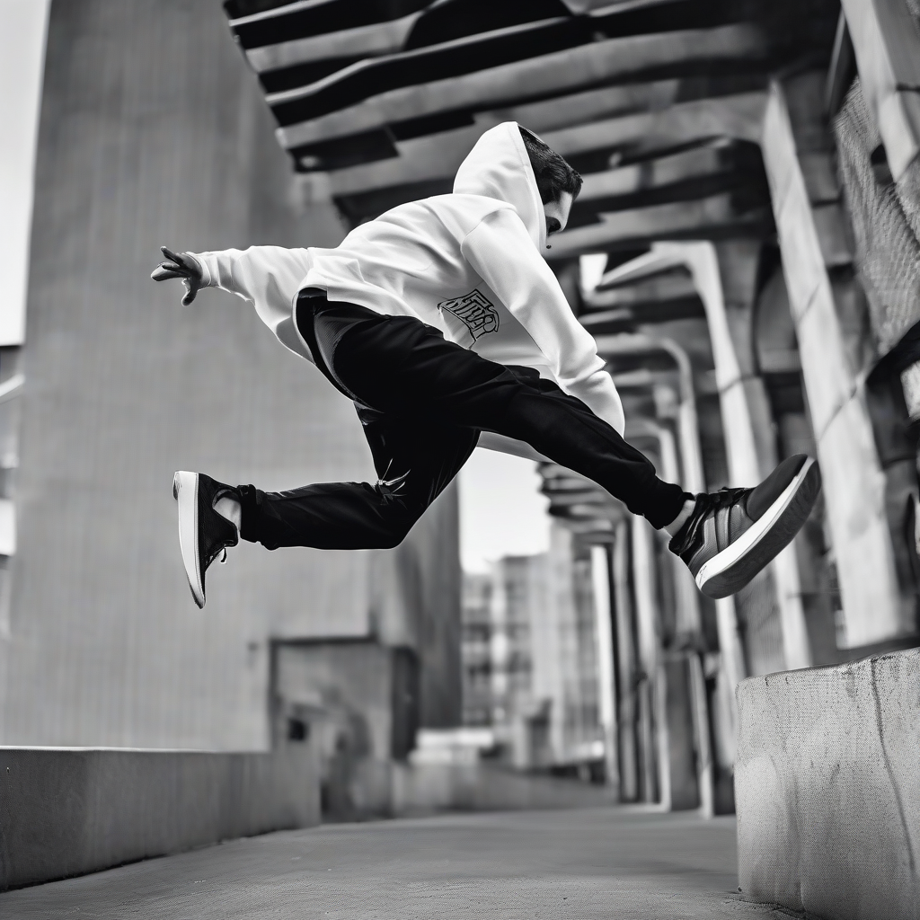 a parkour runner with white sneakers and hoodie by मुफ्त एआई छवि जनरेटर - बिना लॉगिन के✨ | AIGAZOU