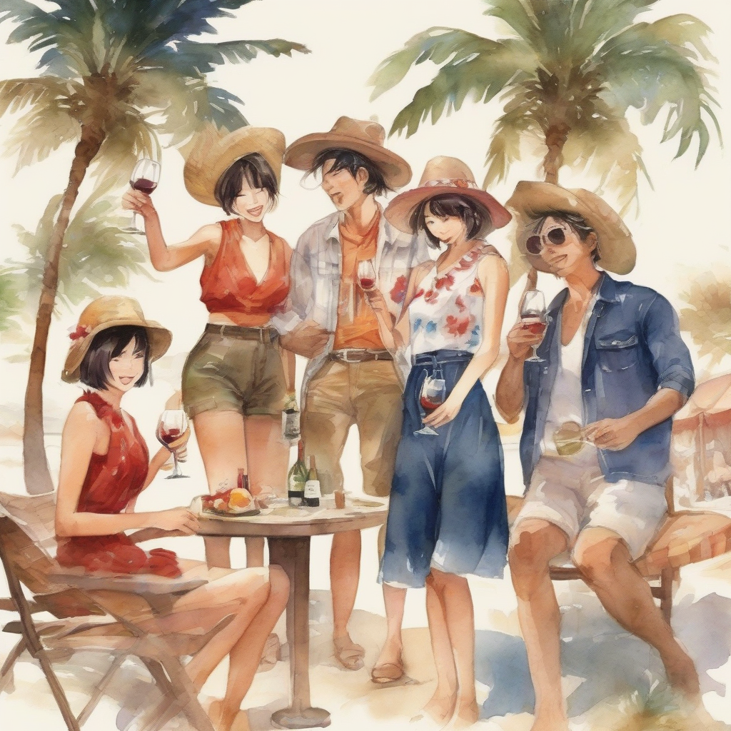 palm tree beach party five people having fun japanese illustration watercolor simplified art holding wine by मुफ्त एआई छवि जनरेटर - बिना लॉगिन के✨ | AIGAZOU