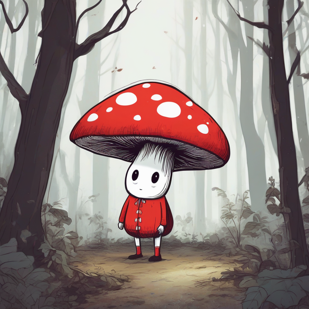 fairy tale drawing of a sad red spotted white mushroom character in a forest by मुफ्त एआई छवि जनरेटर - बिना लॉगिन के✨ | AIGAZOU