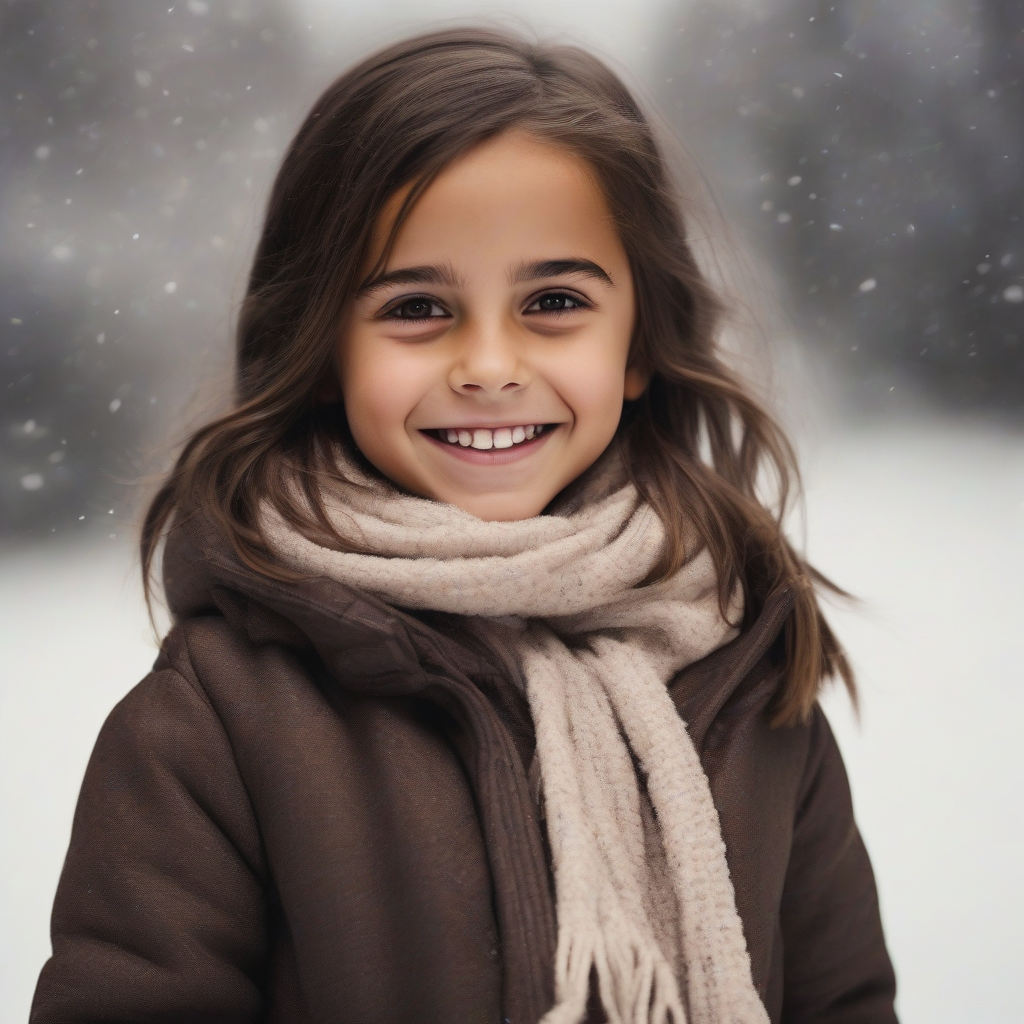 8 year old girl light brown skin dark brown hair smiling winter reminds emma watson by मुफ्त एआई छवि जनरेटर - बिना लॉगिन के✨ | AIGAZOU