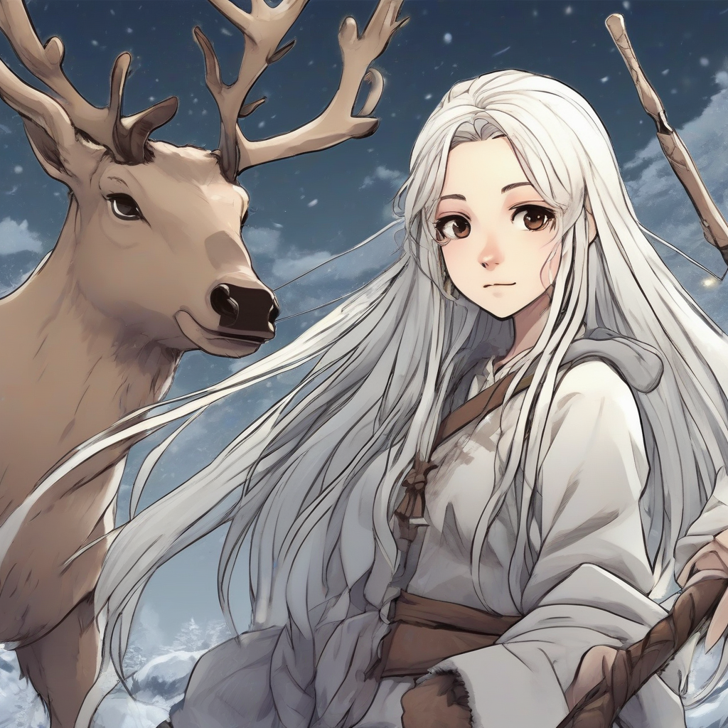 a teenage girl with long white hair no horns in manga style with a deer beside her and a spear by मुफ्त एआई छवि जनरेटर - बिना लॉगिन के✨ | AIGAZOU