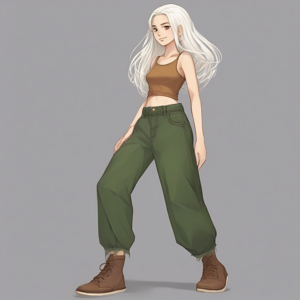 a teenager with long white hair and brown eyes wearing a green wide jeans and a brown top with black by मुफ्त एआई छवि जनरेटर - बिना लॉगिन के✨ | AIGAZOU