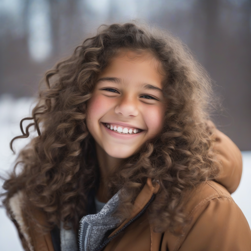 14 year old girl light brown skin curly long brown hair american smiling winter by मुफ्त एआई छवि जनरेटर - बिना लॉगिन के✨ | AIGAZOU