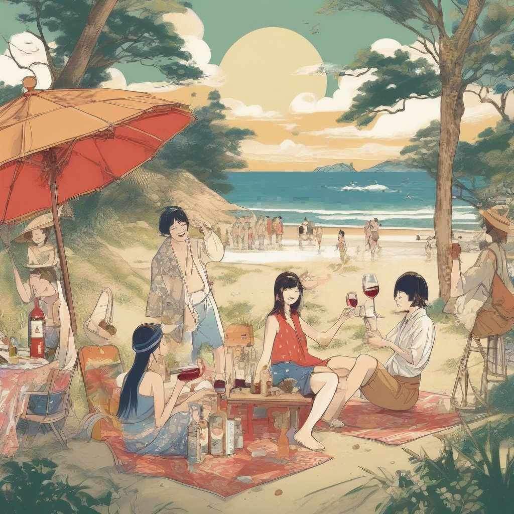 south beach wine party japanese three enjoying daytime illustration by मुफ्त एआई छवि जनरेटर - बिना लॉगिन के✨ | AIGAZOU