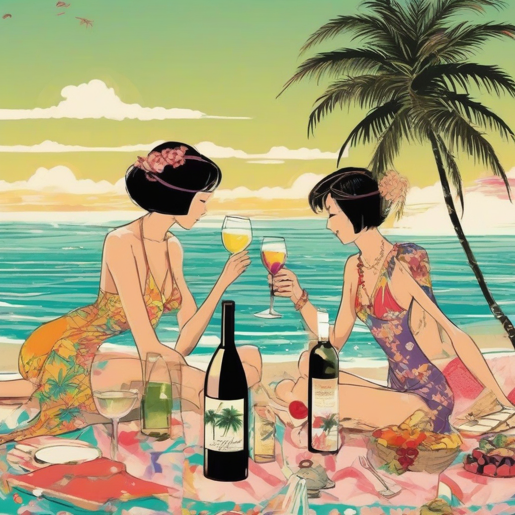 palm trees beach wine party two people having fun swimsuits japanese illustration artistically drawn by मुफ्त एआई छवि जनरेटर - बिना लॉगिन के✨ | AIGAZOU