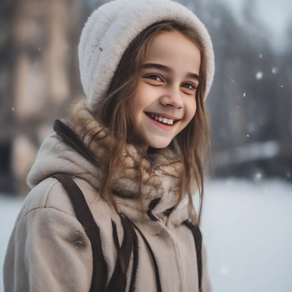 14 year old russian girl smiling winter reminds emma watson by मुफ्त एआई छवि जनरेटर - बिना लॉगिन के✨ | AIGAZOU