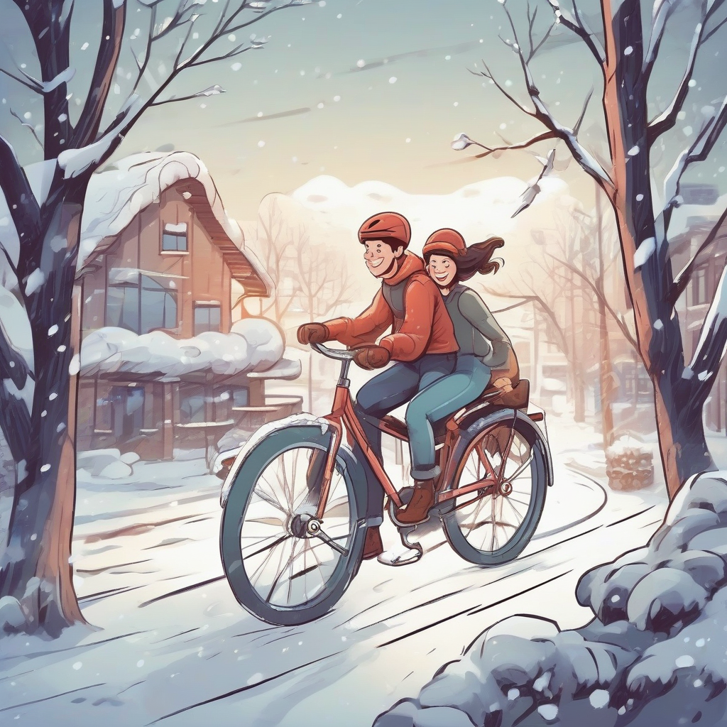 young man riding bicycle with girl in snow by मुफ्त एआई छवि जनरेटर - बिना लॉगिन के✨ | AIGAZOU