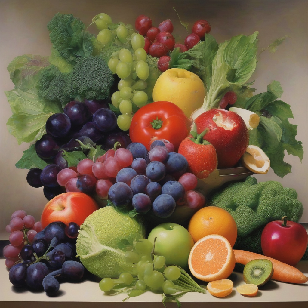 fruits and vegetables in a big painting by मुफ्त एआई छवि जनरेटर - बिना लॉगिन के✨ | AIGAZOU