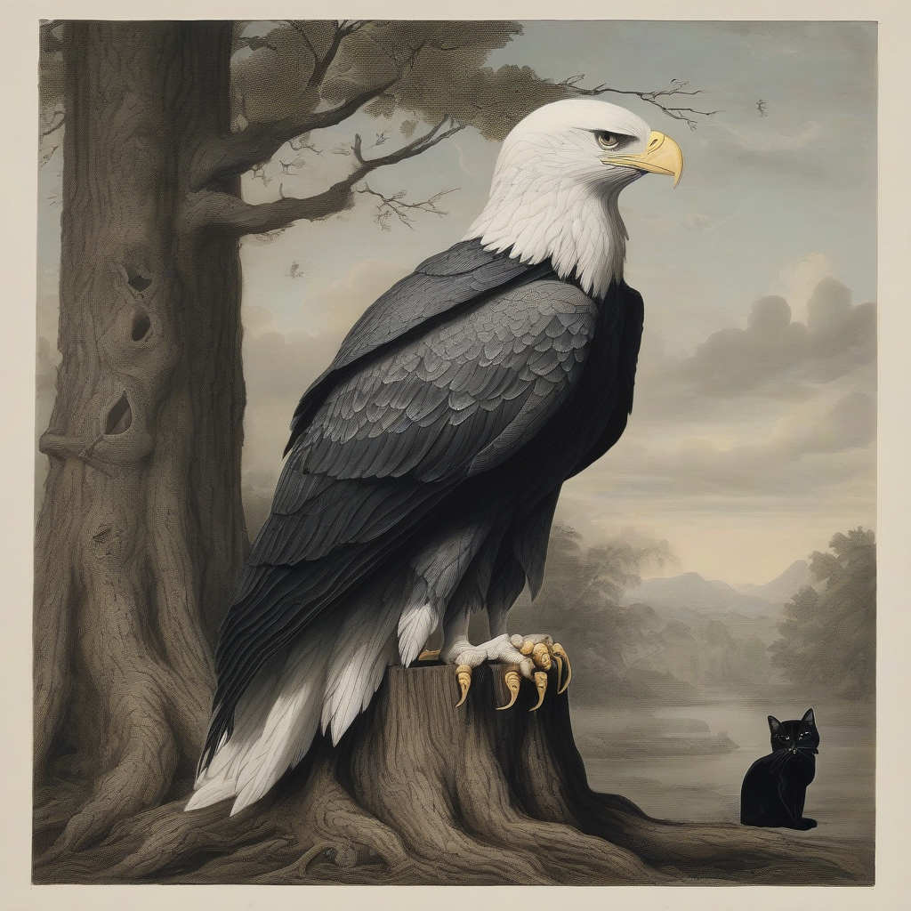 white eagle sits on a tree trunk next to a black cat by Free AI Image Generator & Maker - No login required✨ | AIGAZOU
