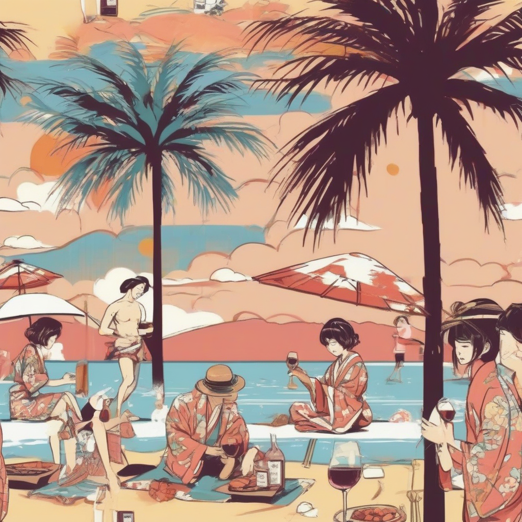 palm tree beach wine party three people having fun japanese not in kimono illustration artistically drawn by Générateur d'images par IA gratuit - Aucune connexion nécessaire✨ | AIGAZOU