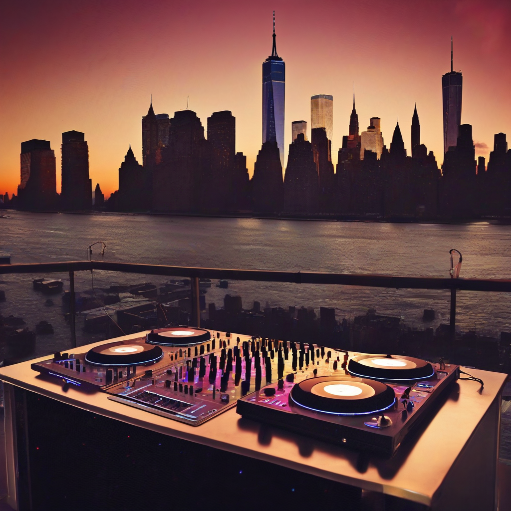 dj disco dancefloor skyline manhattan sunset by मुफ्त एआई छवि जनरेटर - बिना लॉगिन के✨ | AIGAZOU