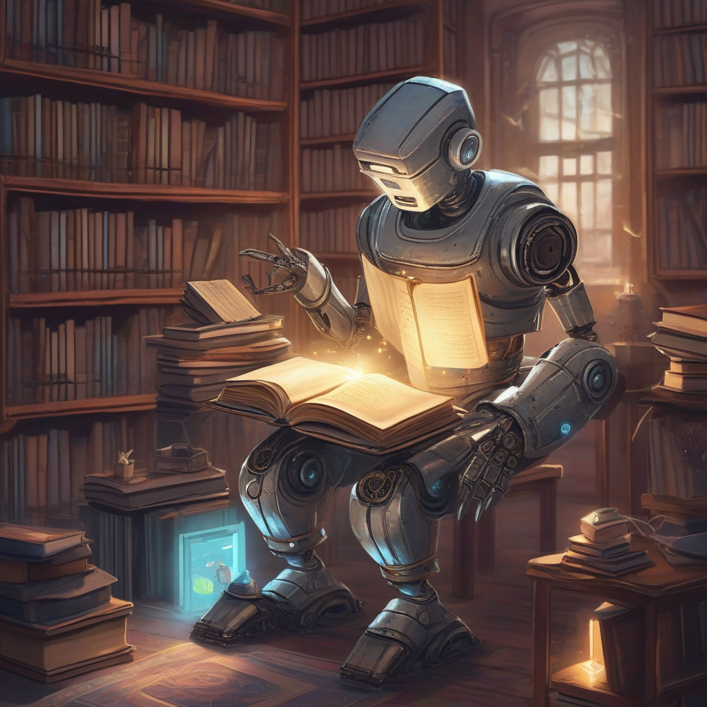 robot finds glowing magic book in library by मुफ्त एआई छवि जनरेटर - बिना लॉगिन के✨ | AIGAZOU