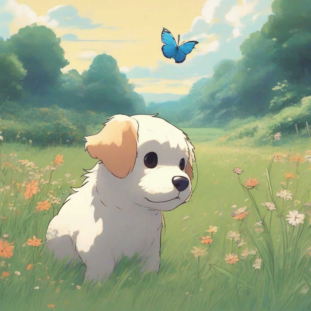 butterflies and small dogs running in a field in studio ghibli style by मुफ्त एआई छवि जनरेटर - बिना लॉगिन के✨ | AIGAZOU