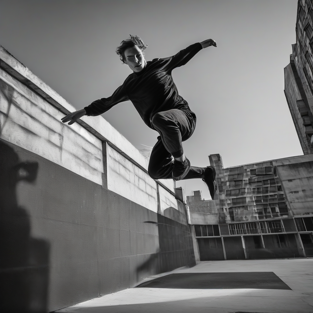 a parkour runner performing a jump in an urban environment please a black and white image by Free AI Image Generator & Maker - No login required✨ | AIGAZOU