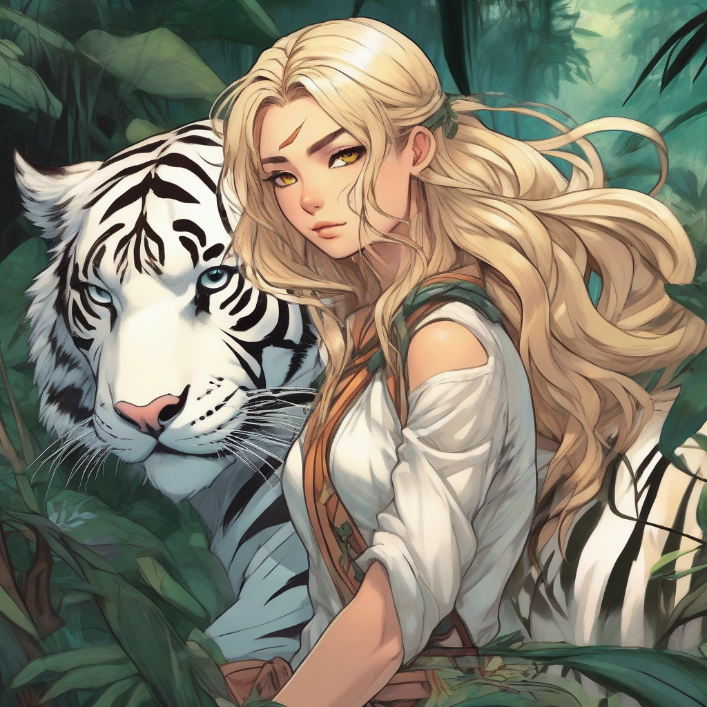 girl bronzed long blonde curly hair white tiger by मुफ्त एआई छवि जनरेटर - बिना लॉगिन के✨ | AIGAZOU