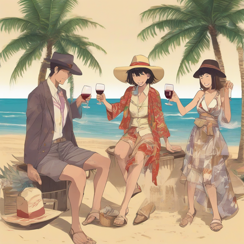 palm tree beach wine party three people having fun western clothes japanese by मुफ्त एआई छवि जनरेटर - बिना लॉगिन के✨ | AIGAZOU