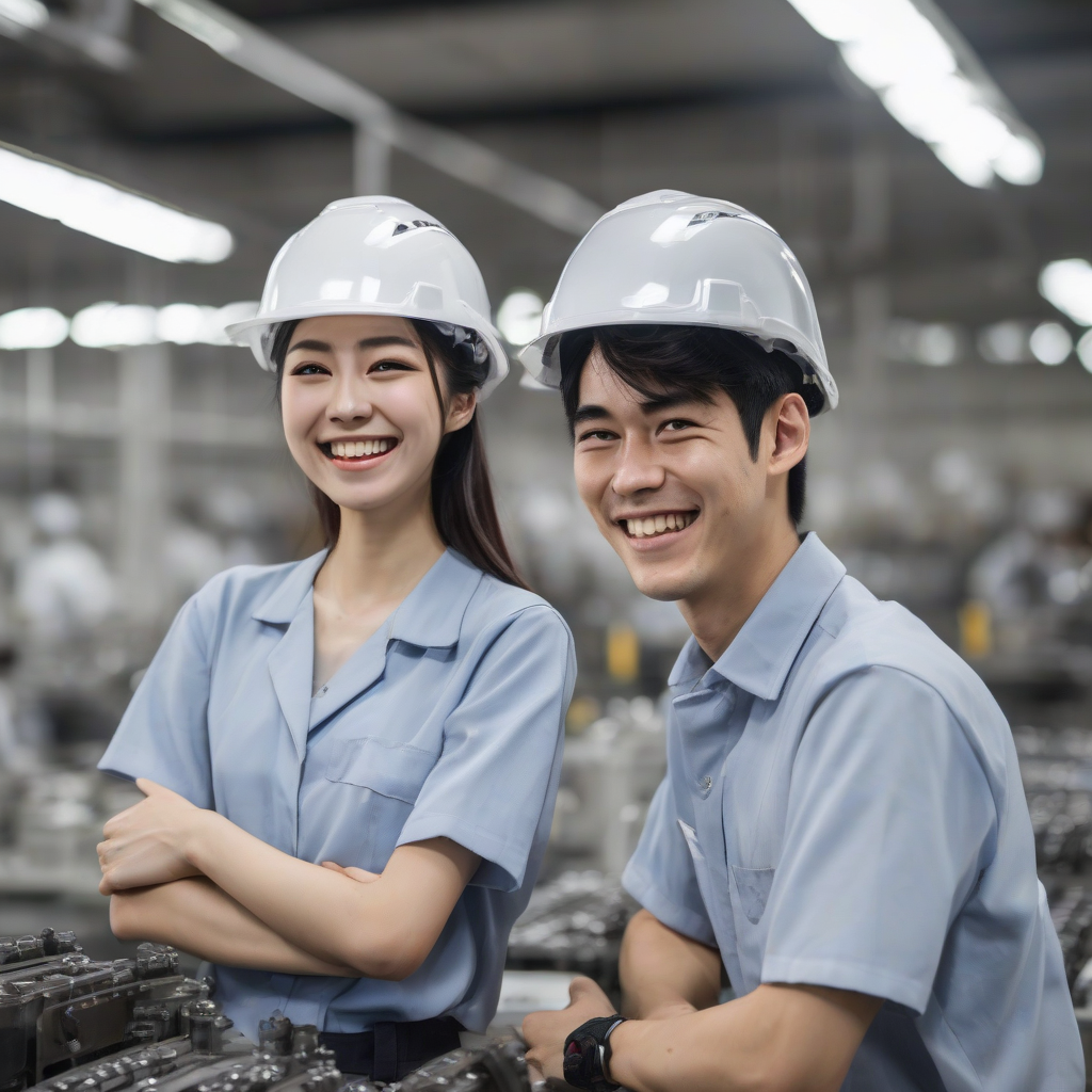 young japanese man and woman in car parts factory by मुफ्त एआई छवि जनरेटर - बिना लॉगिन के✨ | AIGAZOU