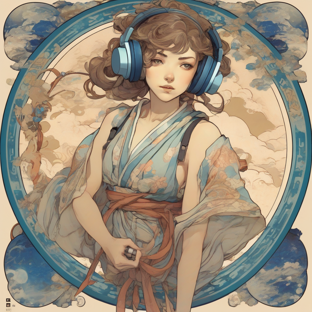 female character jojo style art nouveau headphones ukiyo e at the edge of the earth by मुफ्त एआई छवि जनरेटर - बिना लॉगिन के✨ | AIGAZOU