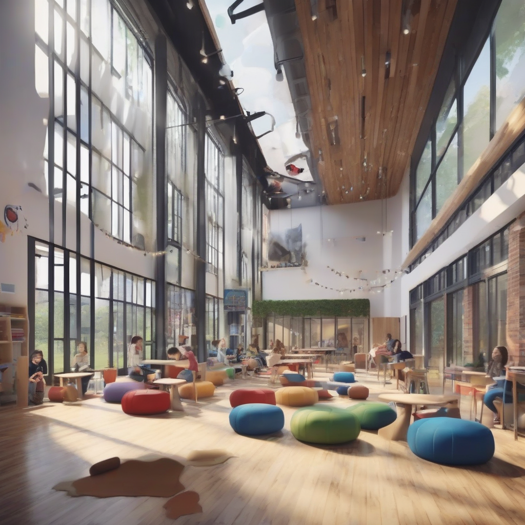 a welcoming and cozy school with 4k lots of windows and lights comfortable seating options like bean bags with students by Générateur d'images par IA gratuit - Aucune connexion nécessaire✨ | AIGAZOU