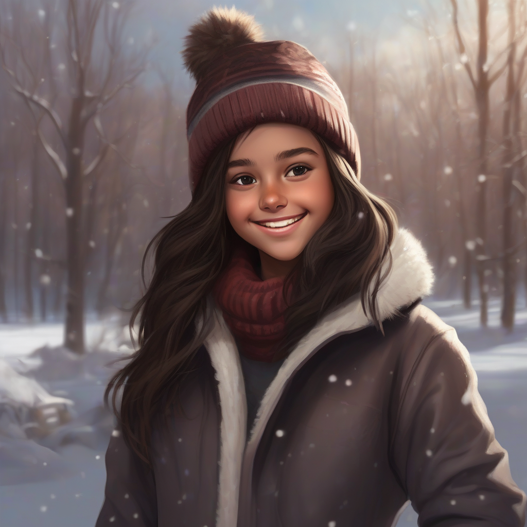 14 year old girl light brown skin dark brown hair smiling winter reminds victoria nicole3d by मुफ्त एआई छवि जनरेटर - बिना लॉगिन के✨ | AIGAZOU