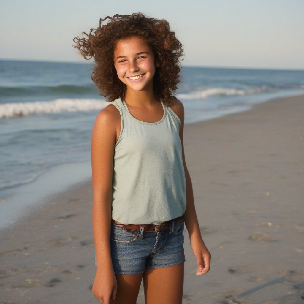 14 year old girl light brown skin curly brown hair american smiling by the sea by मुफ्त एआई छवि जनरेटर - बिना लॉगिन के✨ | AIGAZOU