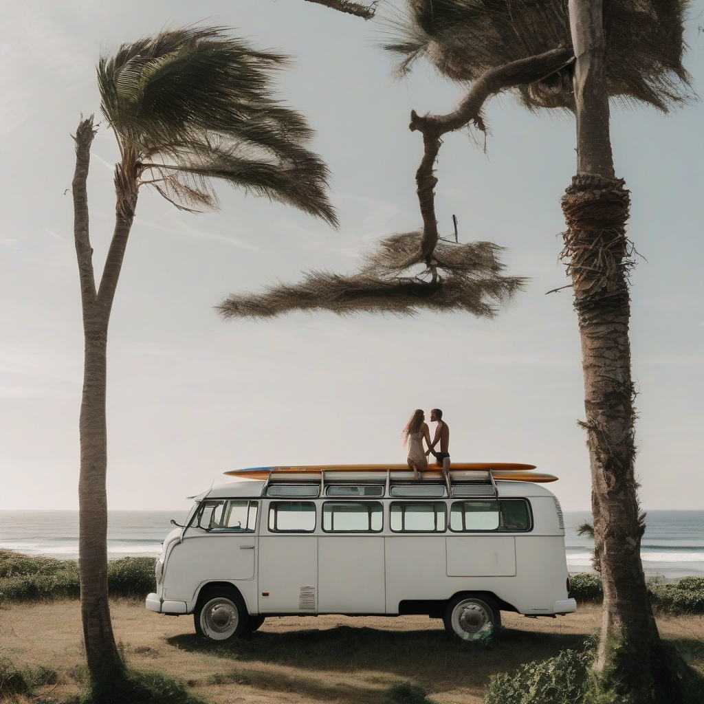 white bus with surfboard on roof in nature by मुफ्त एआई छवि जनरेटर - बिना लॉगिन के✨ | AIGAZOU