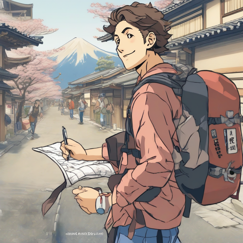 backpacker jojo style male character hokusai style 3min japanese study language english portguess spanish chinese korean by Générateur d'images par IA gratuit - Aucune connexion nécessaire✨ | AIGAZOU