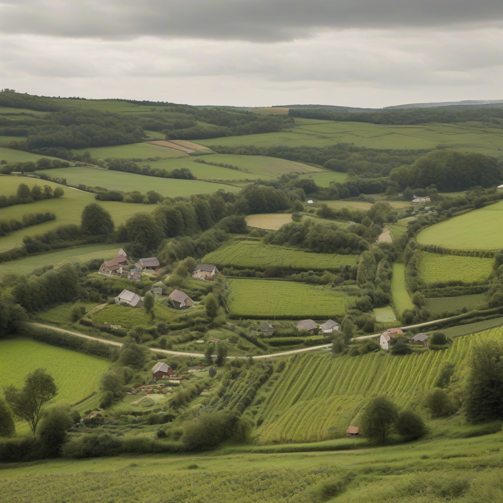 photograph of a hilly landscape small farms with vegetable gardens small fields divided by hedges forests and a creek by मुफ्त एआई छवि जनरेटर - बिना लॉगिन के✨ | AIGAZOU