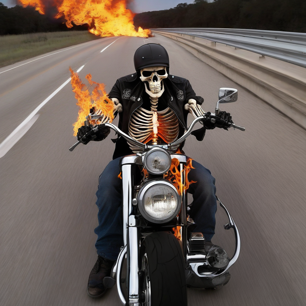 skeleton with burning skull on american motorcycle on texas highway by मुफ्त एआई छवि जनरेटर - बिना लॉगिन के✨ | AIGAZOU